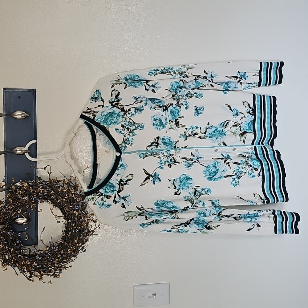 Floral Cardigan Sweater - Teal and White